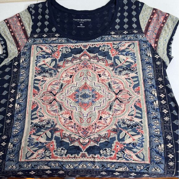 Lucky Brand Cotton Modal Short Sleeve Boho Navy Blue Medallion T Shirt Women 1X - Picture 5 of 14